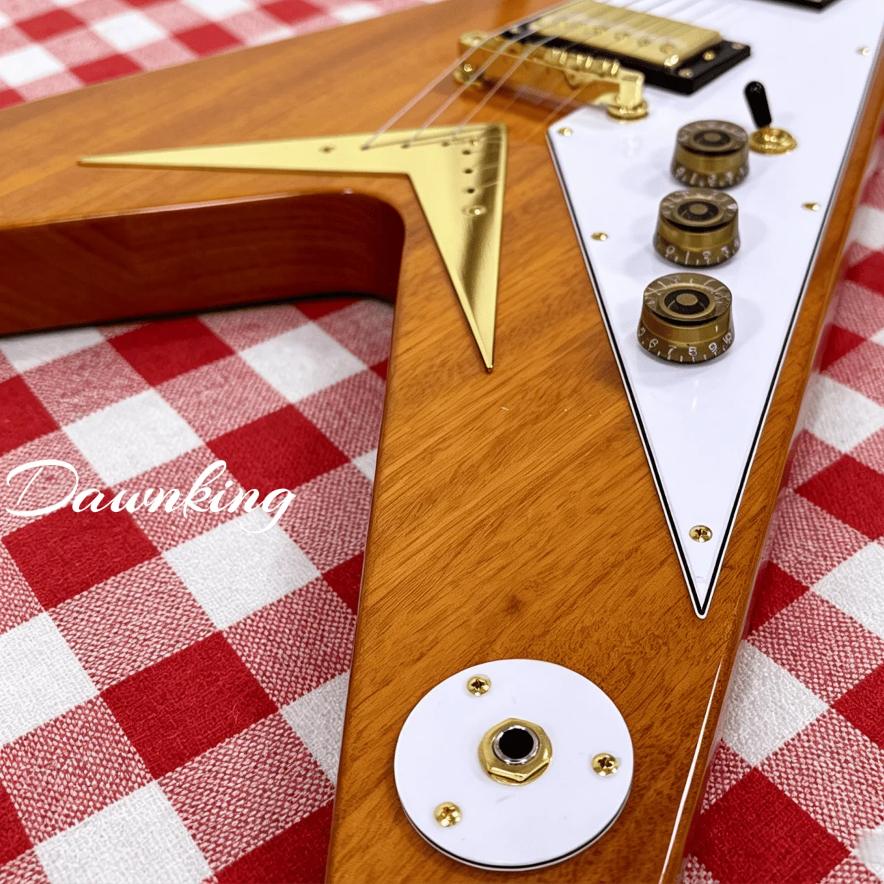 In Stock Flying V Style Natural Wood Electric Guitar White Pickguard Gold Hardware HH Humbucker Pickups Free Shipping Worldwide view 3