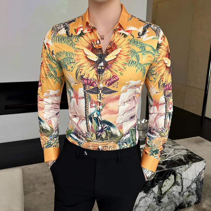 2022 Cotton Floral Print Men Shirts Long Sleeve Mens Casual Shirt Slim Men Flower Printing Dress Shirts camisa masculina S-4XL