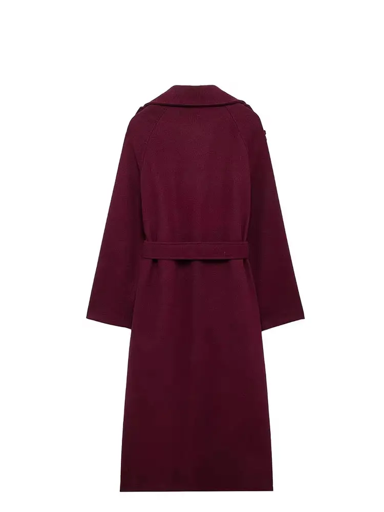 HH Female Autumn Elegant Oversize Burgundy Windbreaker Long Sleeves Lapel Double Breasted With Belt Commute Outerwear Coat