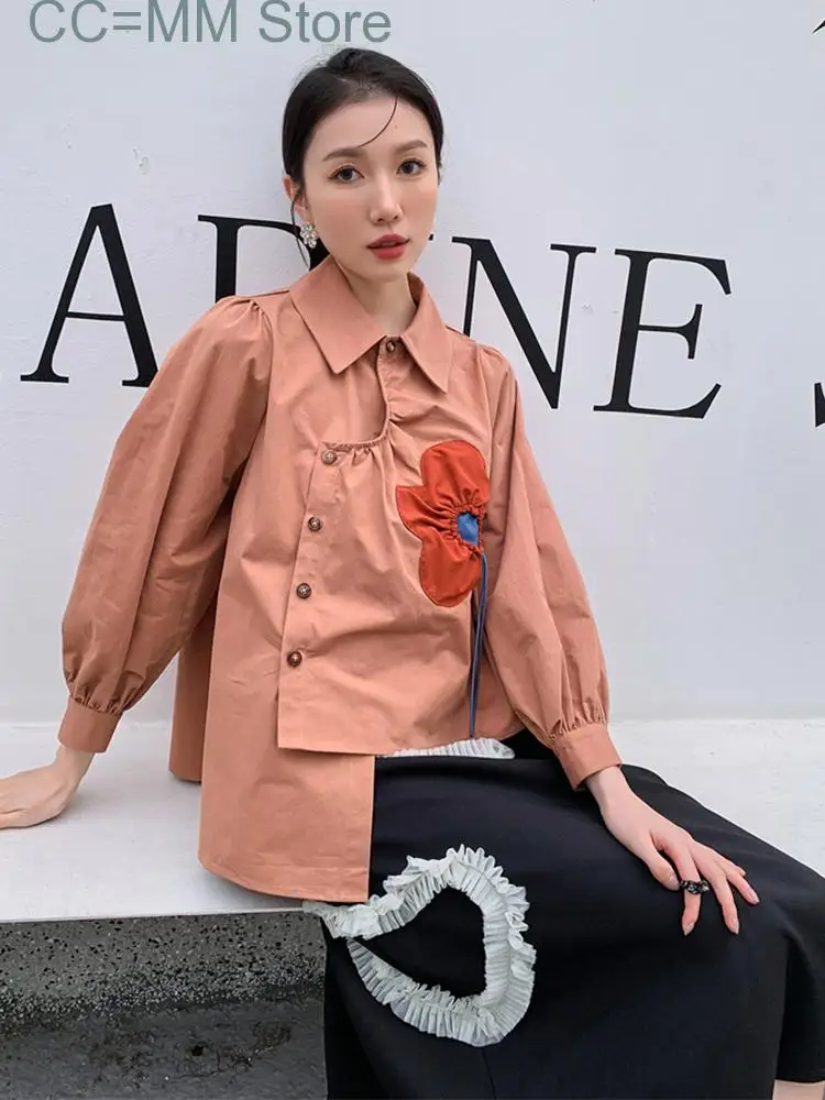 New Irregular Shirts For Women Lapel Single Breasted Flower Shirt Spring Summer Female Fashion Top Clothes