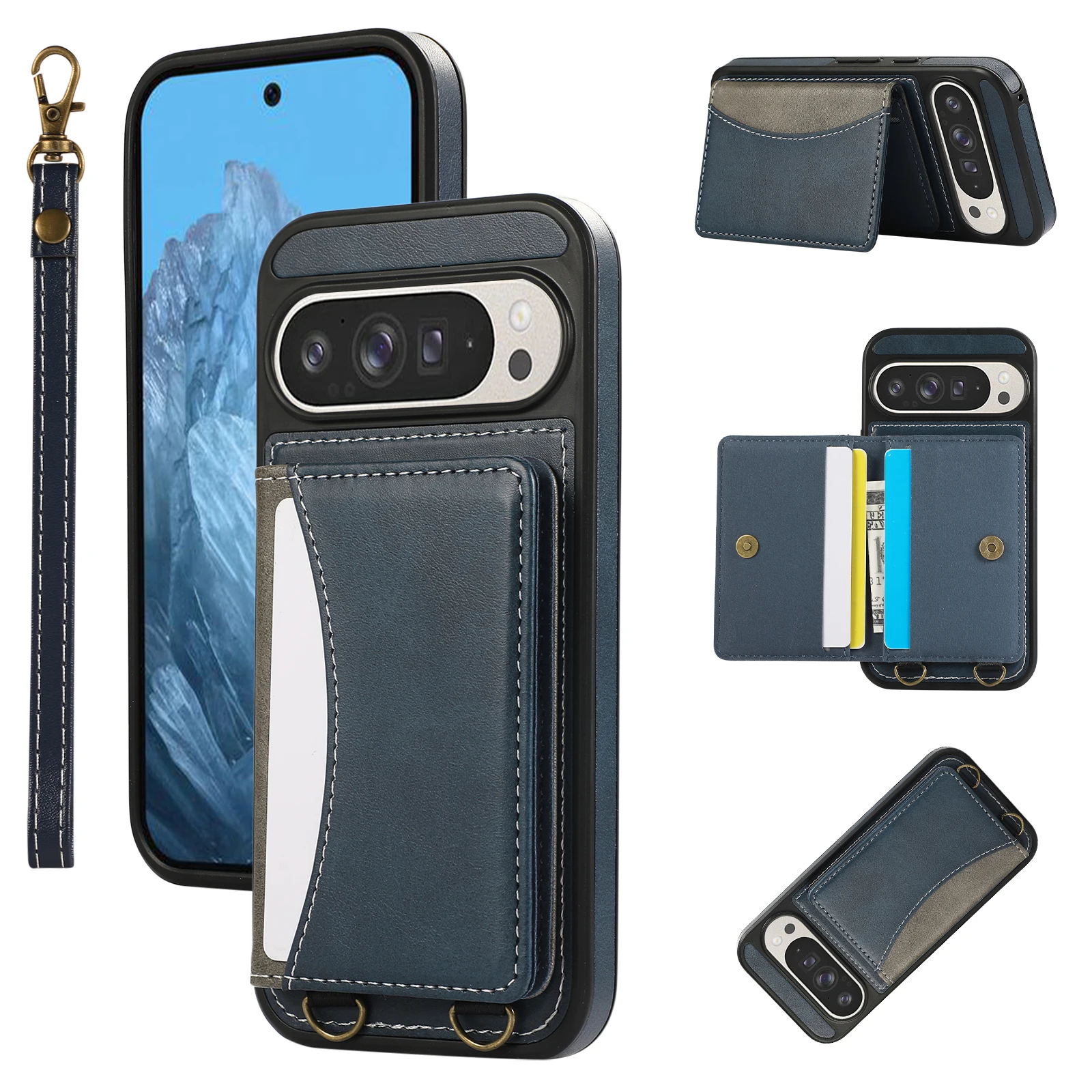 

Shockproof Leather Credit Card Holder Wallet Case for Google Pixel 9 Pro 8, Flip Kickstand Card Slots Phone Cover with Lanyard