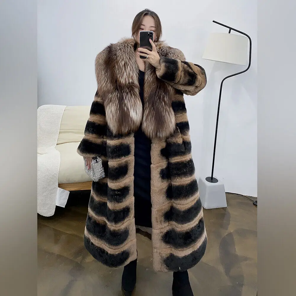 Women Real Rex Rabbit Fur Chinchilla Coats Removable Fox Fur Shawl Collar Jacket Female Fashion Elegant Natural Fur Overcoat