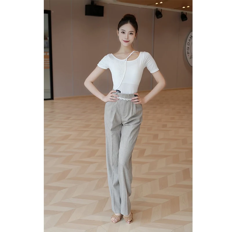 Women Latin Ballroom Dance Clothes Pearl Lace Tops Short Sleeves Gray Black Latin Trousers Salsa Dance Practice Wear DNV24401