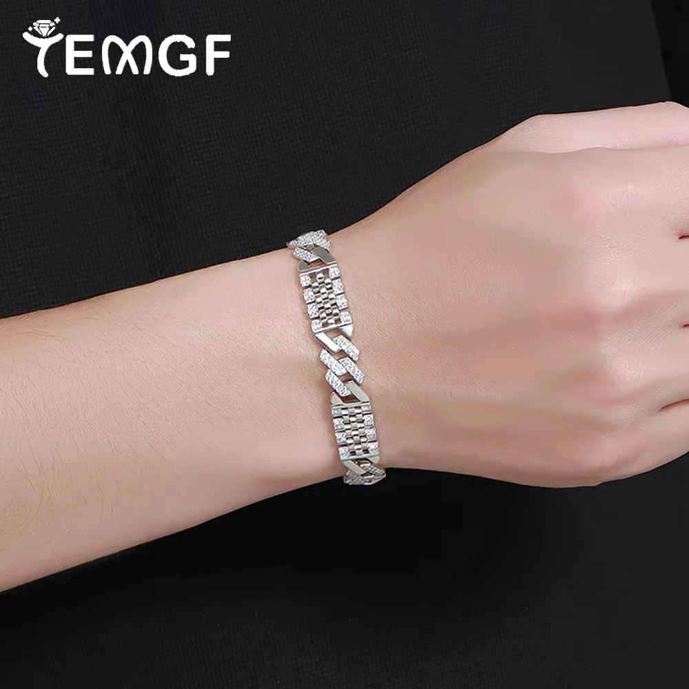 

Кубинские браслеты TEMGF шириной 10,7 мм, стерлинговое серебро S925, толстая цепочка, полная 1 мм инкрустация цирконом, ювелирные украшения для мужчин, крутой предмет в стиле хип-хоп