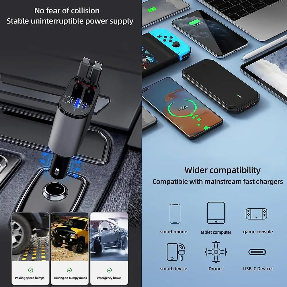 100w 4 IN 1 Retractable Car Charger USB Type C Cable For IPhone Huawei Samsung Fast Charge Cord Cigarette Lighter Adapter