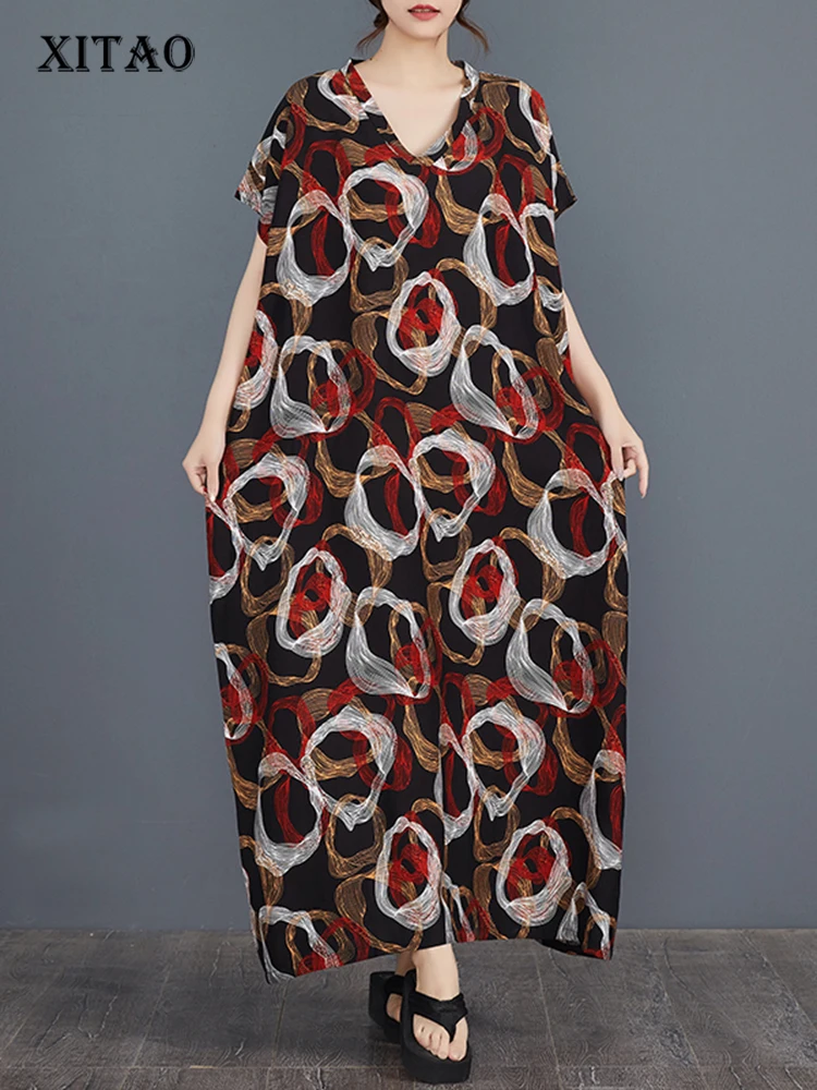 

XITAO платье с рукавами «летучая мышь» и v-образным вырезом, повседневное трапециевидное платье с коротким рукавом, модное длинное стильное Новое поступление, летнее женское платье ZMY1153