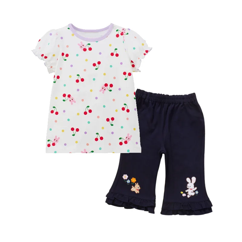 Girls Kawaii Cropped Trousers Rabbit Flower Embroidery Flare Bell Bottom Pants Kids Cute Cartoon Lace Trim 2026 Summer Spring