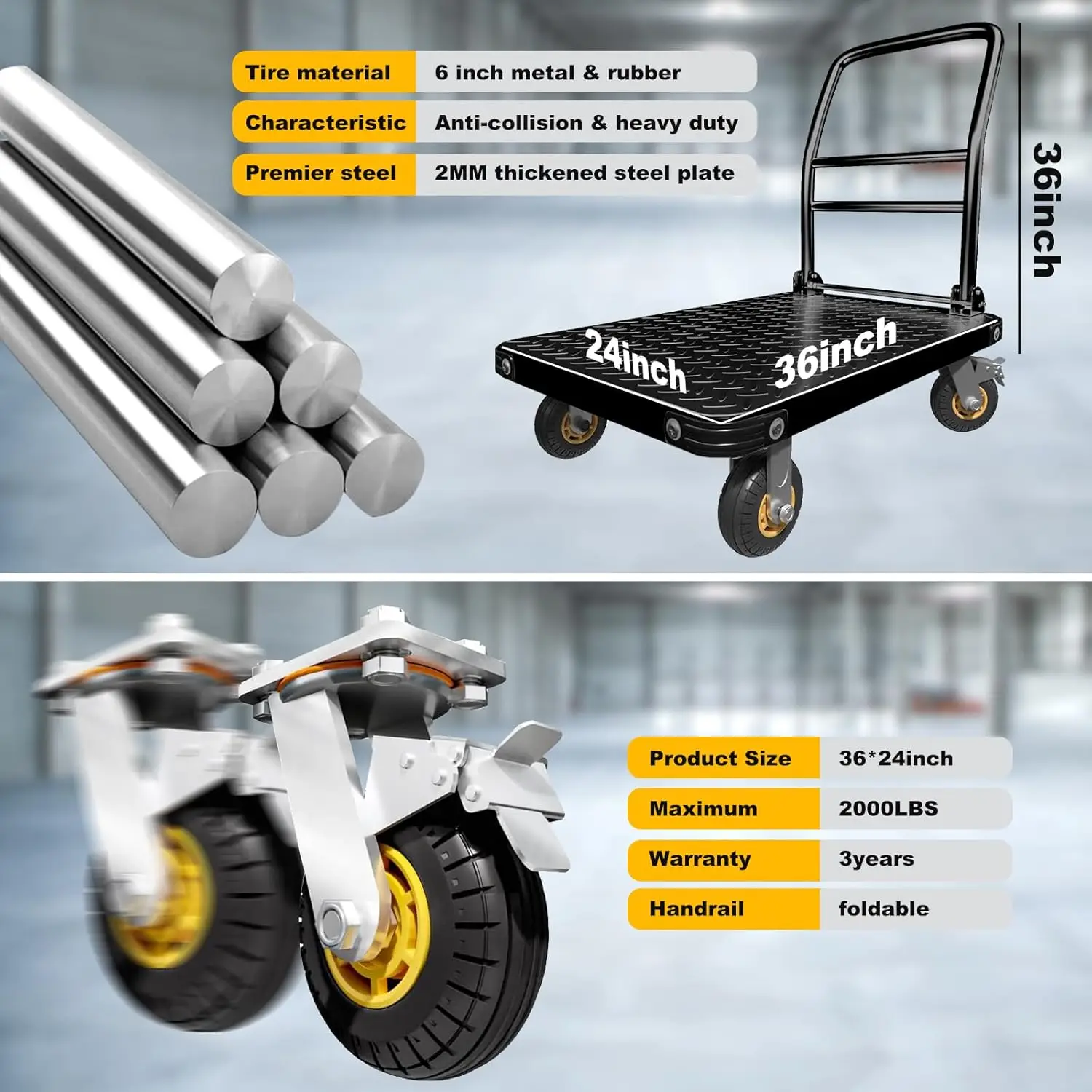 Truk Platform troli datar truk tangan, 1500 sampai 2000Lbs kereta baja Dolly dengan desain rem, 36 x 24in atau 27x19in tempat tidur datar besar