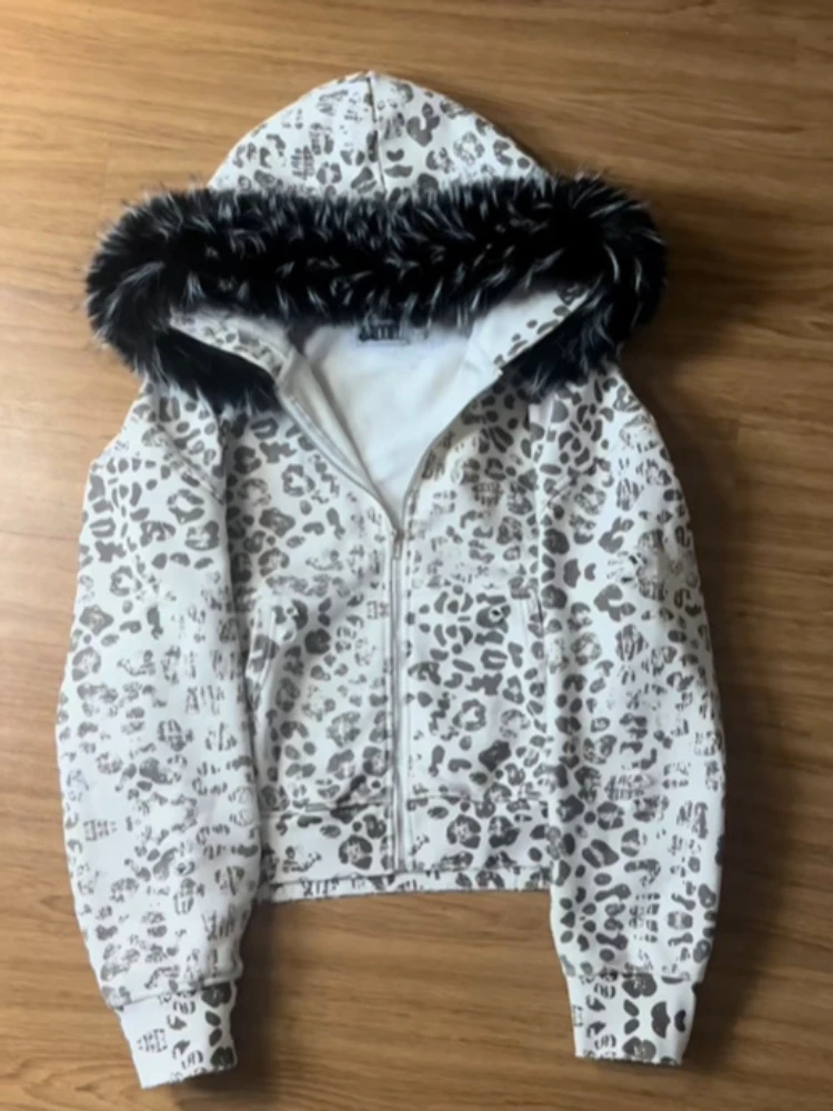 Autumn and winter fur collar retro y2k men's and women's personalized street fashion printed hooded zipper sweatshirt