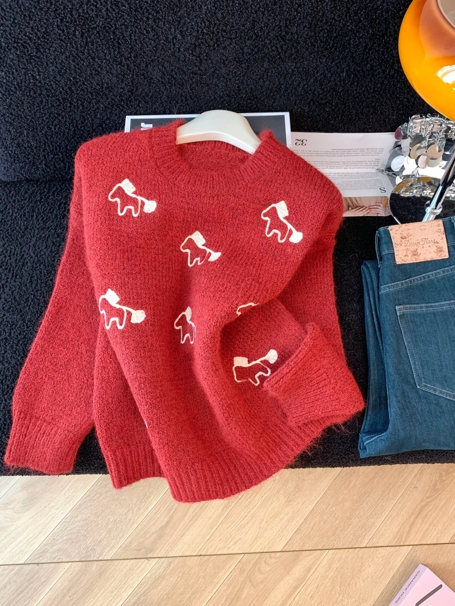 Cisas السنة الجديدة Aosphere الأحمر محبوك سترة المرأة فضفاضة مستديرة Ne لينة كسول Sle الدافئة الدب خنزير الحيوان نمط