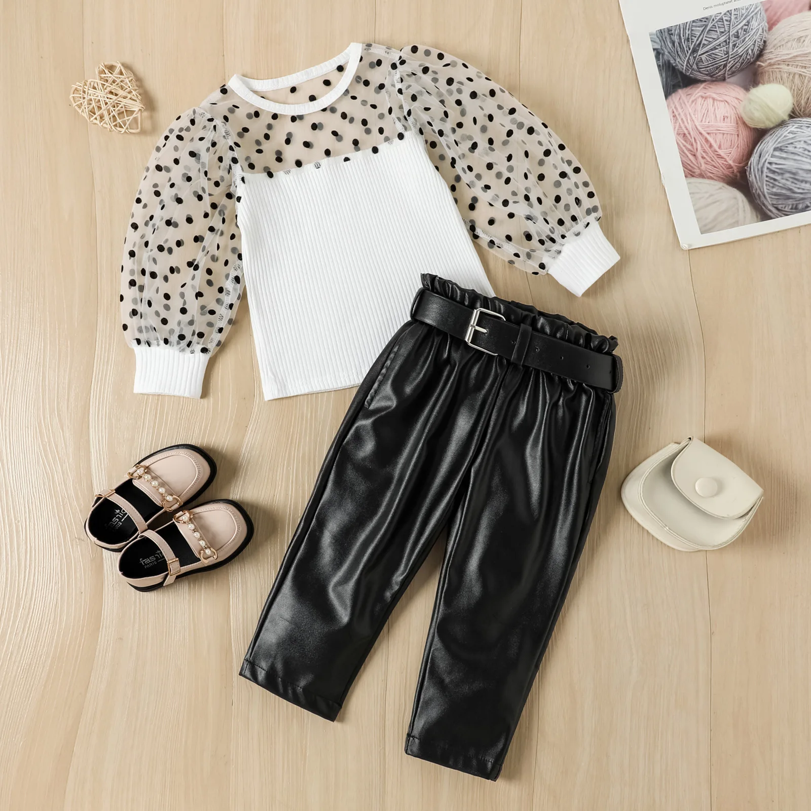 

Children autumn and winter flocking polka dot bubble mesh sleeve top PU leather pants belt fashion girls' suit 1 3 7 9Y