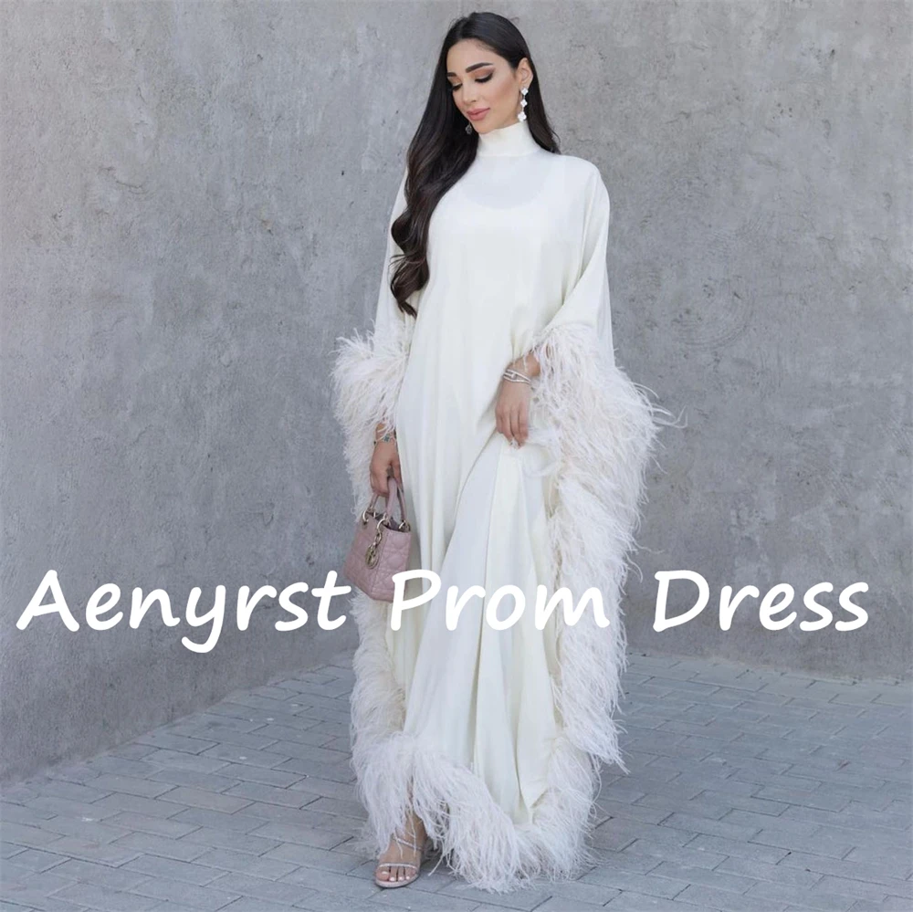 Aenyrst Feathers High Collar Saudi customized Evening Dresses A Line Satin Prom Dress Women Floor Length Formal Occasion Gowns