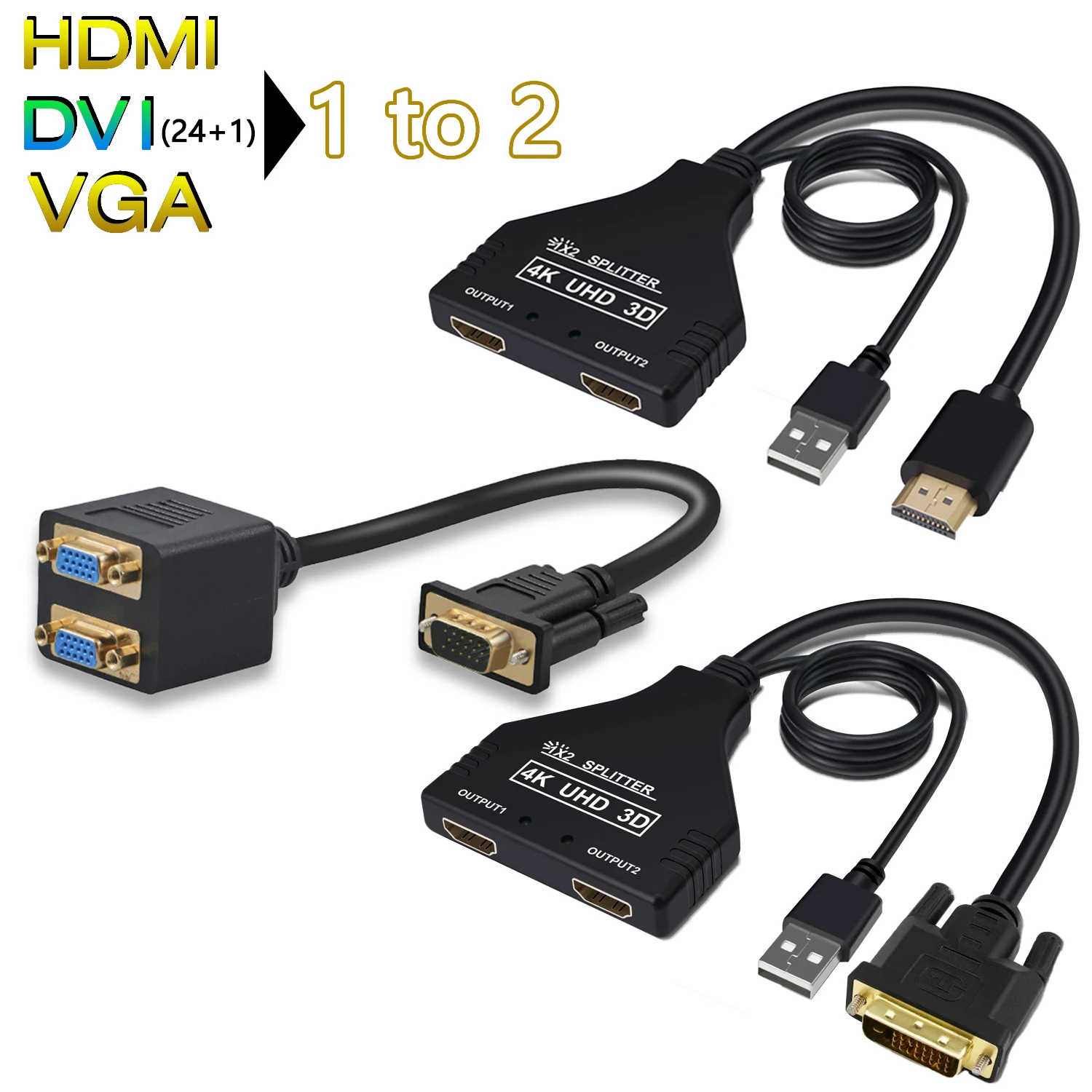 

HDTV 4K 30Hz HDMI Splitter 1 In 2 out audio Video VGA cable 1 to 2 DVI 24 1 to hdmi 2 adapter for TV Box Monitor Projector 15m