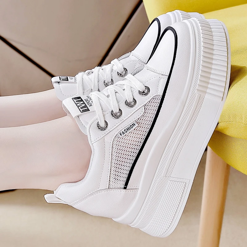 Little White Shoes Women's Summer New Versatile High Rise Mesh Breathable and Comfortable Thick Sole Sports Shoes