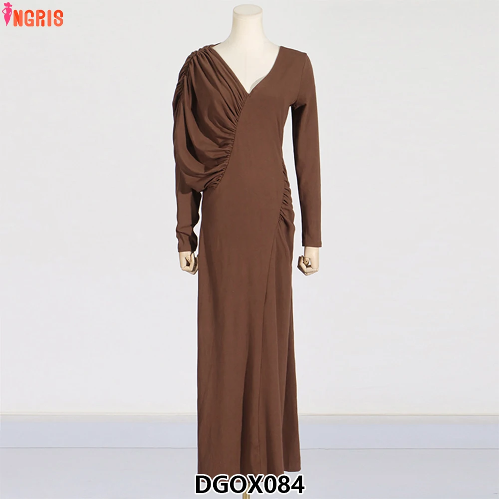 

American Elegant Asymmetrical Pleated Dress V Neck Design Long Skirt Women Casual Day Pure Color Slimming Look-DGOX084