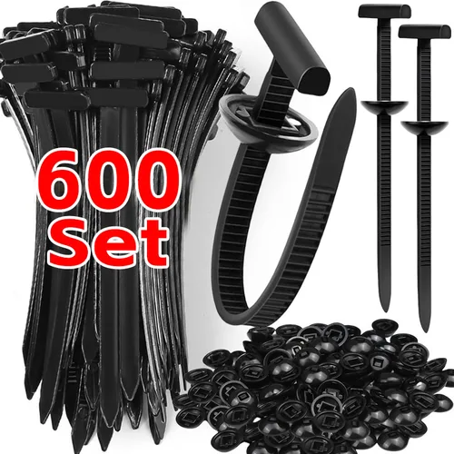 Juego de 600 hebillas de brida para cables universales de nailon, soporte de bridas con cremallera autoblocante de alta resistencia con sujetadores de pasador, cremalleras resistentes a los rayos UV para carrocería de coche