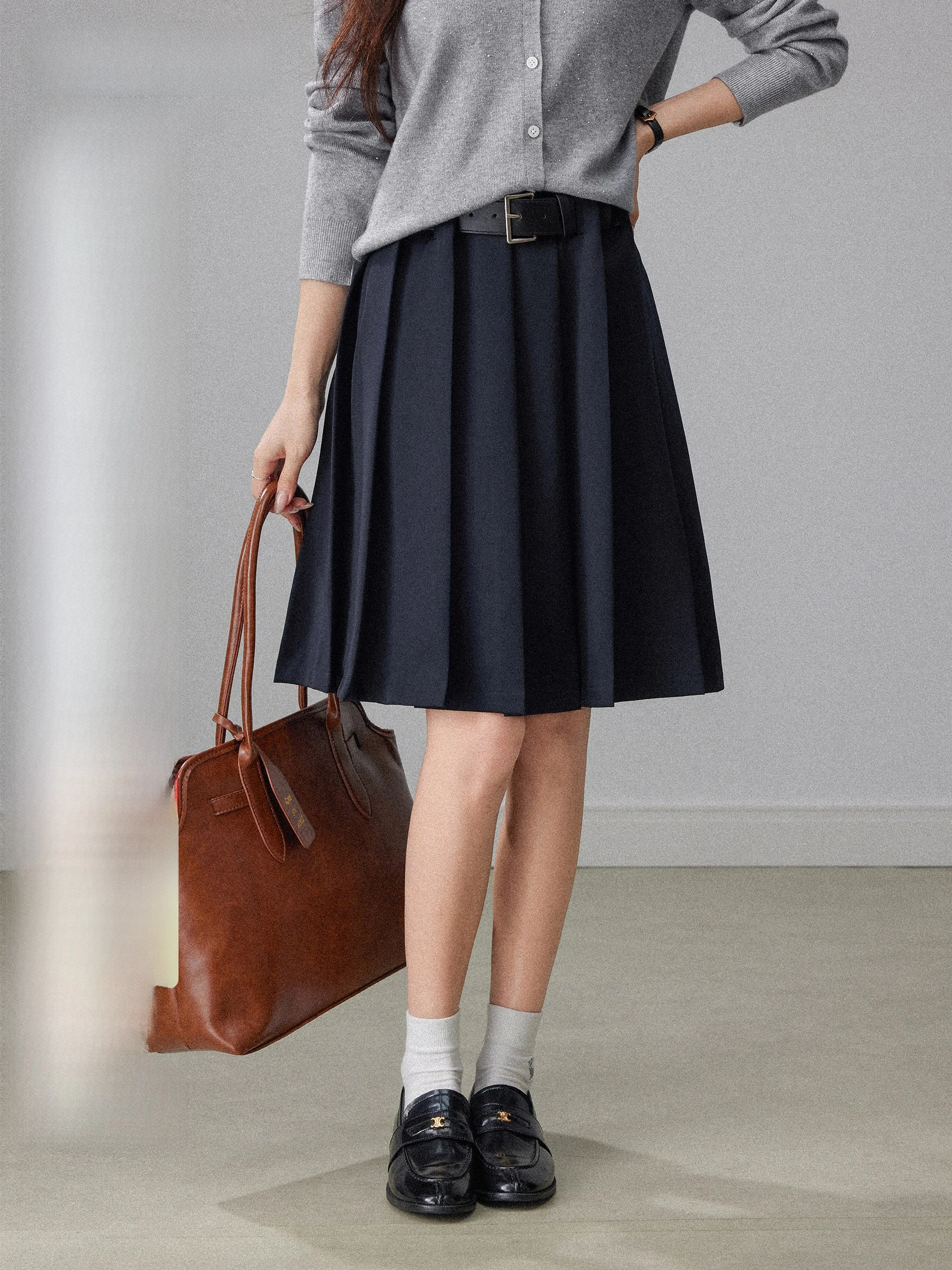 

Zhang Dou High Waist Midi Skirt Spring New Sle College Sle Casual Slim A-Line Pleated Skirt Women's Blue Color