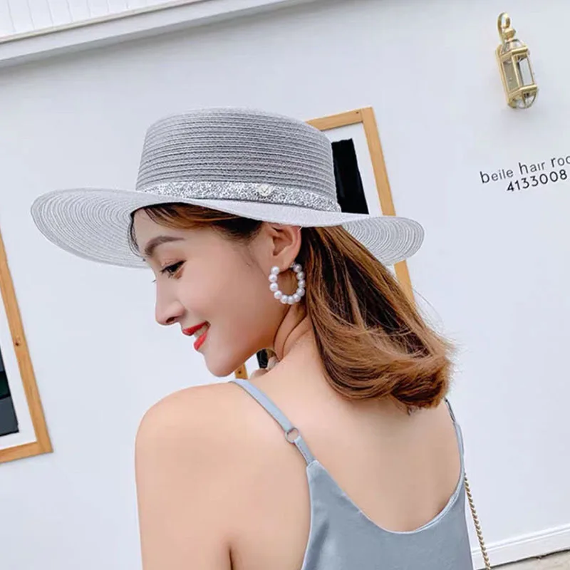 MAXSITI U  flat brim summer travel sunscreen Sun Hat Women versatile silver straw hat flat top hat bright silk Hepburn Beach Hat