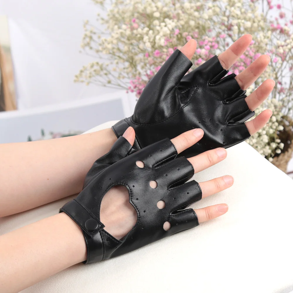 1 Pair Women Punk Hip-hop Five Finger PU Leather Black Driving Show Pole Dance Mittens Fingerless Heart Gothic Party Gloves