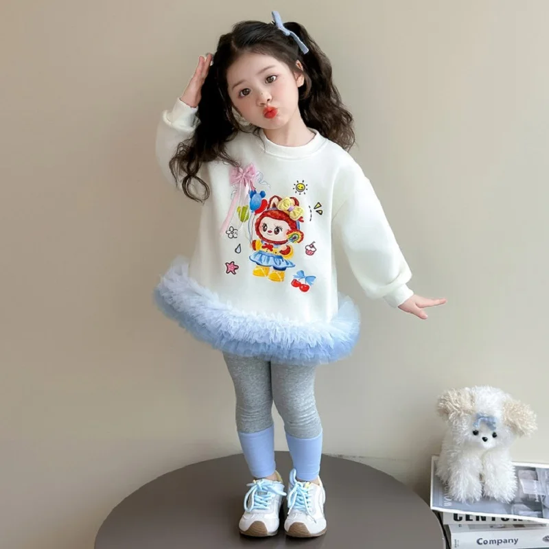 

Girls 2Pcs Set White Hoodie Grey Pants Spring and Autumn Clothing 90-140 18M-10Y Cartoon Print Long Sleeves Casual Outfit
