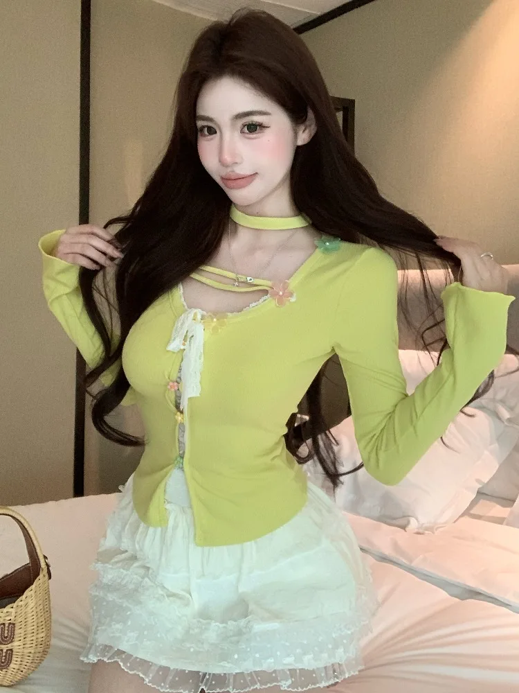 

Sweet Lace Trim Long Sleeve Knitted Sweater Women Spring Summer New High Waist Slimming Puffy Cake Skirt Two Piece Set