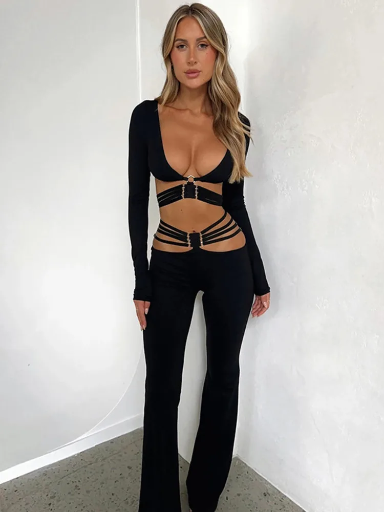 Mozision Black Long Pants Sets Women Deep V Neck Long Sleeve Crop Top And Wide Leg Pants Ladies Skinny Trousers Two Piece Set