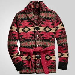 Men's American Spring and Autumn Vintage Heavy Industry Jacquard Long Sleeve Sweater with Thick Medium Long Sweater Coat M-3XL