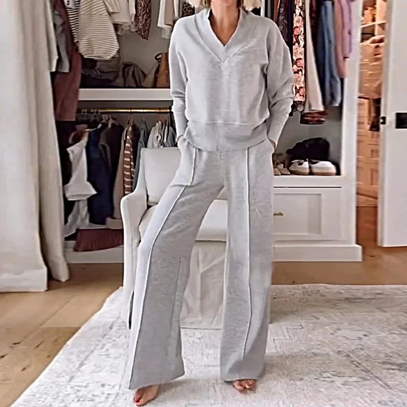 

Женский однотонный свитшот с V-образным вырезом + широкие брюки, комплект из двух предметов, спортивный костюм, осенняя домашняя одежда