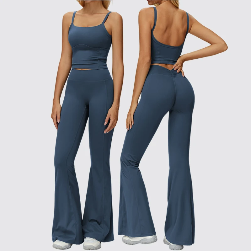 

Womens Workout Sets 2 Piece Gym Yoga Outfits Butt Lifting V Back Flare Leggings Built-in Bra Cropped Tank Top Sports