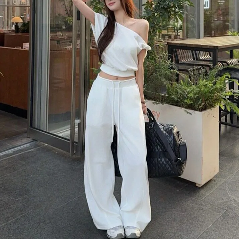 2026 Casual Set Twisted Shoulder T-shirt Women's Summer Drawstring High Waist Straight Leg Pants Lazy Two Piece Set 트위드 투피스