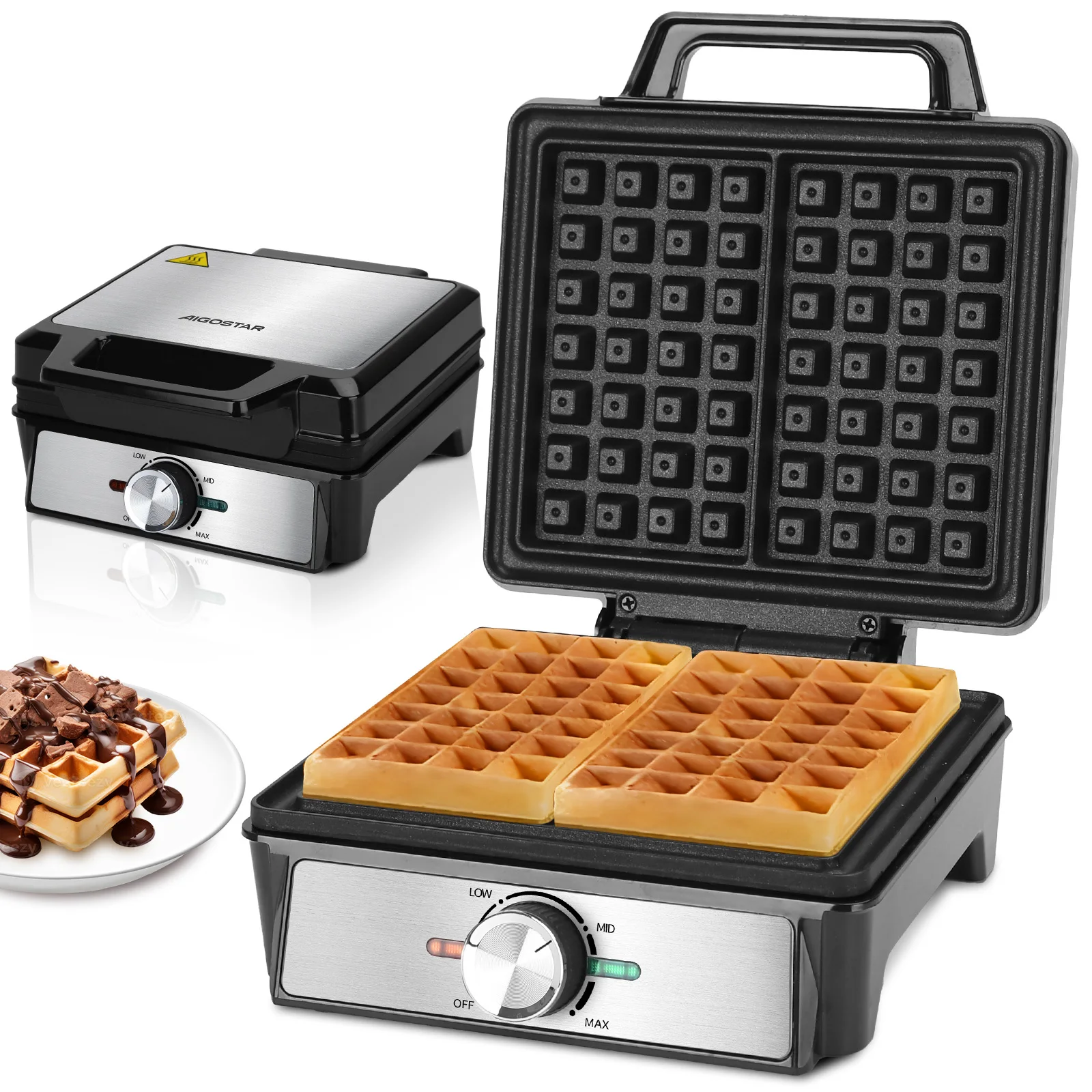 Waffeleisen für 2 belgische Waffeln, 1600W, Antihaftbeschichtung, 20,2x17,2x2 cm, Waffelautomat mit einstellbarer Temperatur, LED-Anzeige, kompaktes Edelstahl-Design, BPA frei