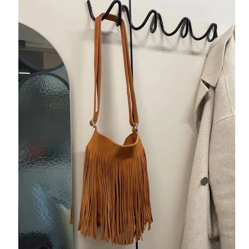 Small Bohemian Bag Fringe Tassel Bags Women\'s Handbags Frosted PU Leather Purse Vintage Women Shoulder Crossbody Messenger Bag