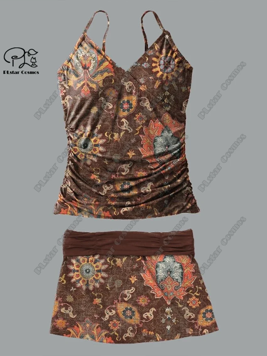 Frauen V-Ausschnitt Sommer Retro Blumen 3D-Druck Hosenträger Rock Stil zweiteiligen Badeanzug Anzug Urlaub Reise neue Badeanzug f-1