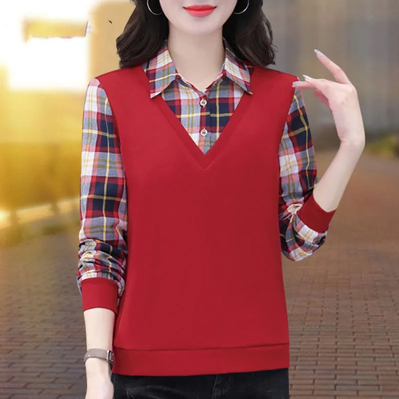 Spring and Autumn Women's Pullover Collar Button Plaid Panel Solid Color Long Sleeve T-shirt Underlay Fashion Elegant Tops