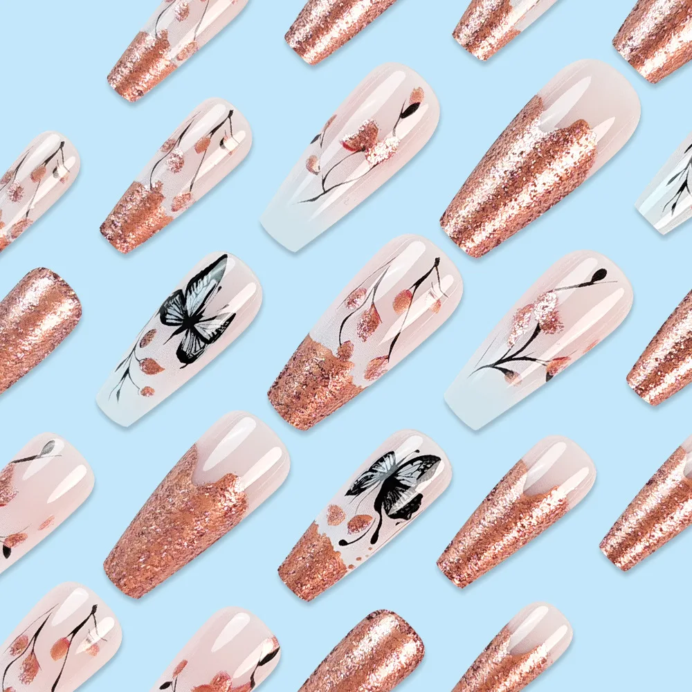24pcs Press on Nails Rose Gold Glitter French Butterfly Full Coverage Nail Tips for Women and Girl Removable Wearable Nail Art 3