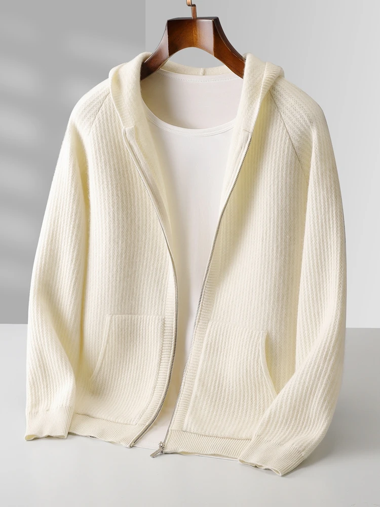 Daily Clothes Autumn Winter Sweater Men's Coat 100% Merino Wool Sweater Cardigan Knitted Jacket Thicked Hooded Outerwears Trend