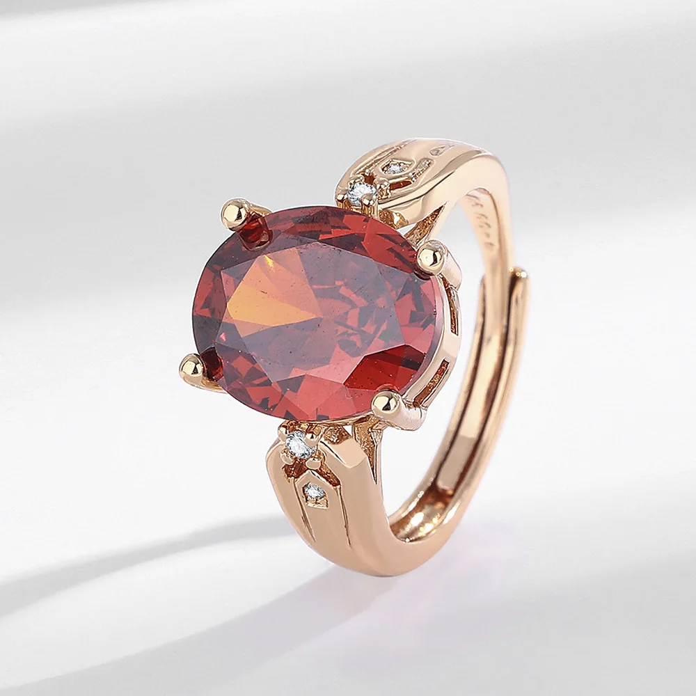 

925 Sterling Silver Champagne Gold Bright Oval Red Zircon Ripe Stable Elegant Ladies Gala Ring