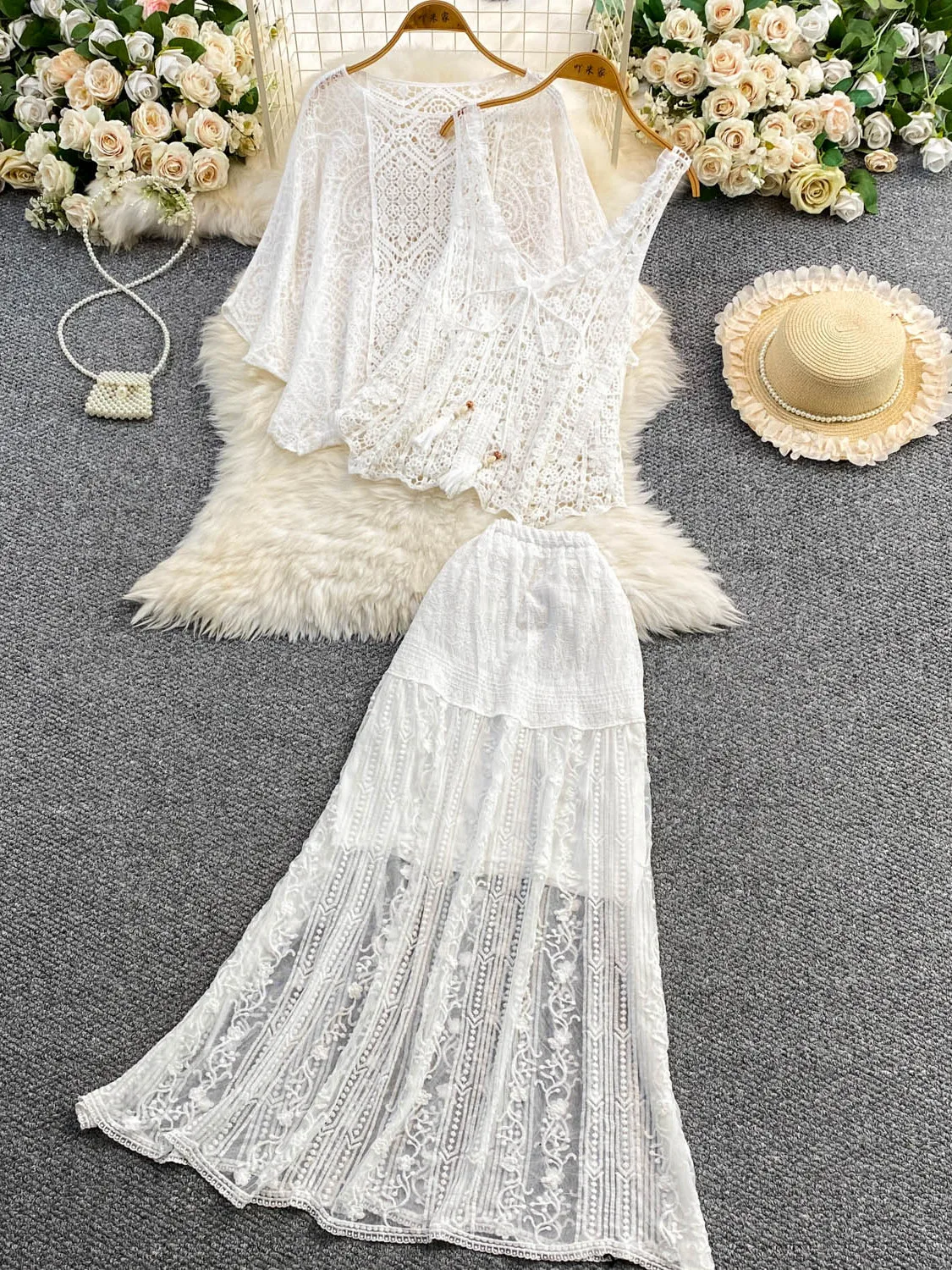 

Elegant Lace Hollow out Hook Design Three Piece Set Vacation Style Shirt And Skirt Long Dress Casual Fashion Women's Ensemble