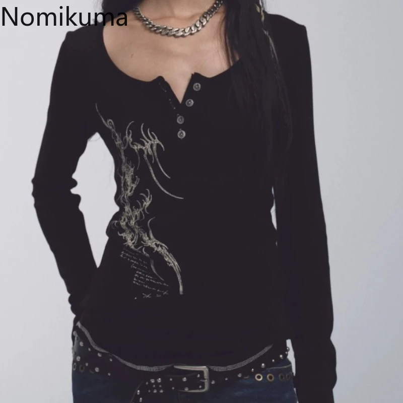 Punk T Shrits Korean Women Clothes Print Long Sleeve Tunic Tees 2025 Ropa Mujer Vintage Chic Tshirts Casual O-neck T-shirt Tops