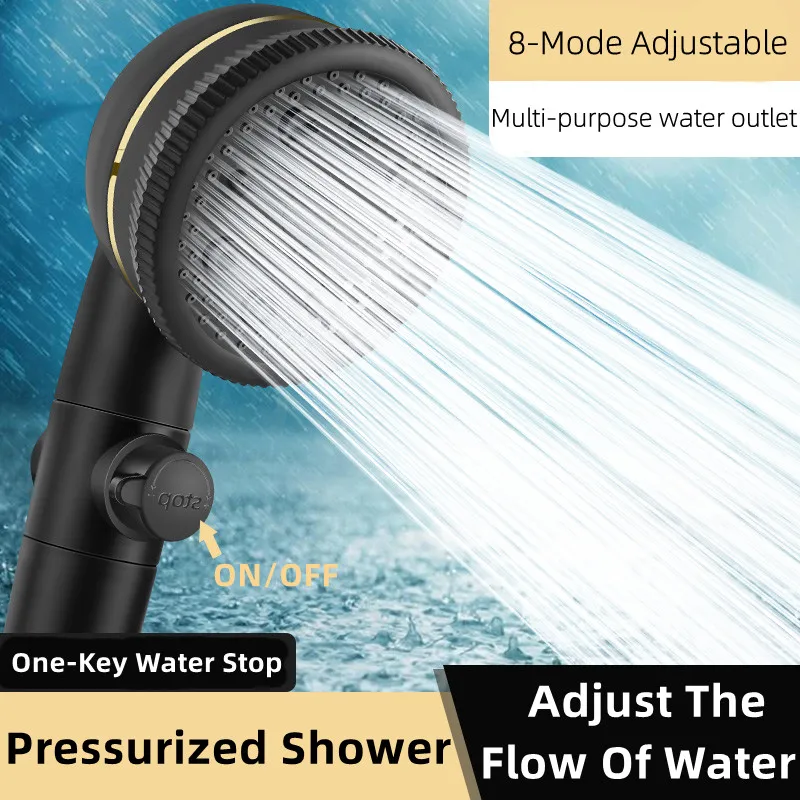 New 8-Mode Adjustable Shower Head with one Key Stop Magic Watering High Pressure Bathroom Accessories Handheld Sprayer Nozzle