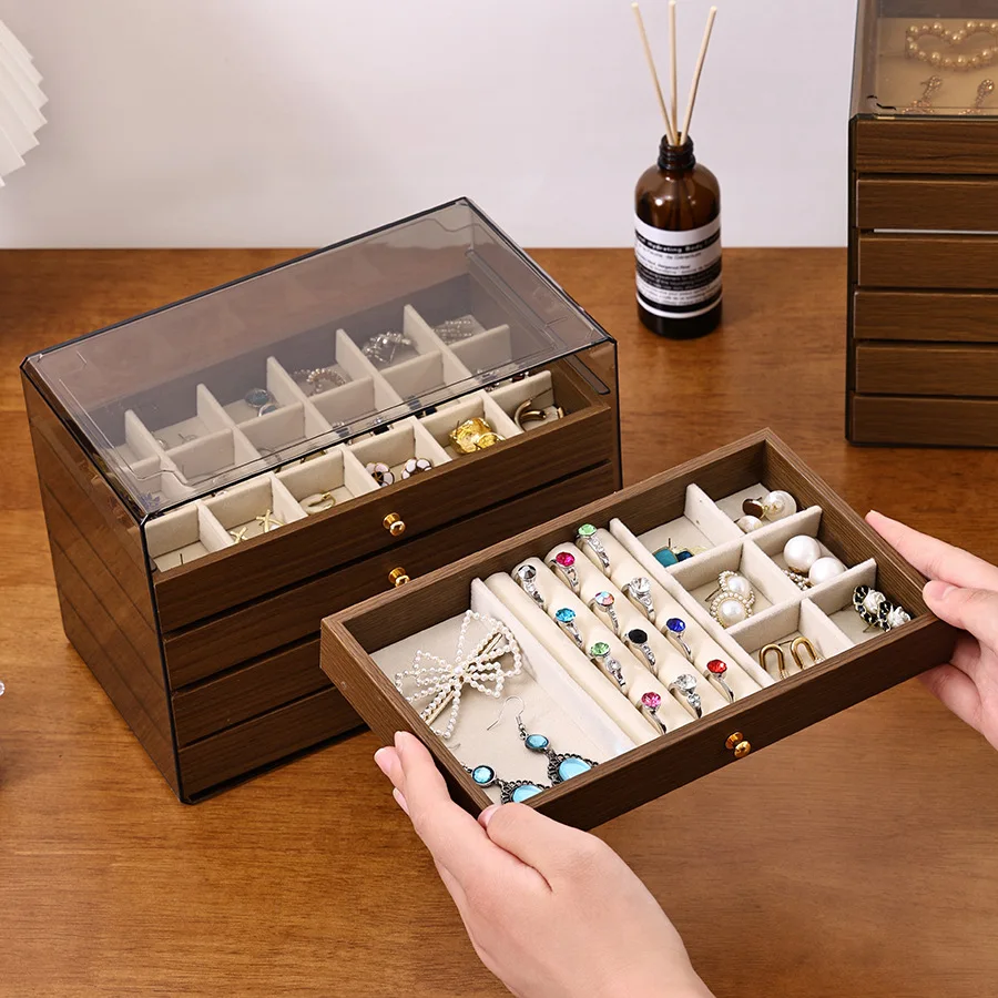 

Walnut Color Jewelry Box, 3-in-1 Wooden Organizer with Drawer, Dustproof Moisture-proof Storage Case for Earrings Necklace Ring,