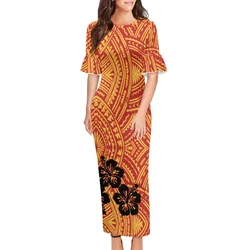 2023 Summer Elegant Evening Party Maxi Dresses Polynesian Tribal Clothing Samoa Tapa Print Islander Women Bodycon Petals Sleeves