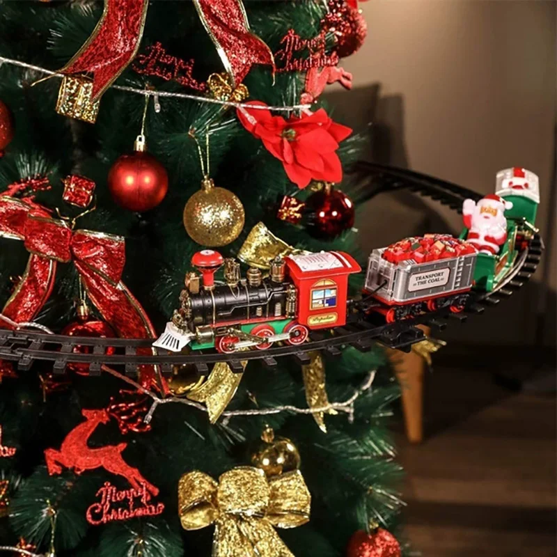 Battery Operate Railway Train with Sound&Light Railway Car Toys Christmas Train Tree Decoration Track Electric Toys for Kids