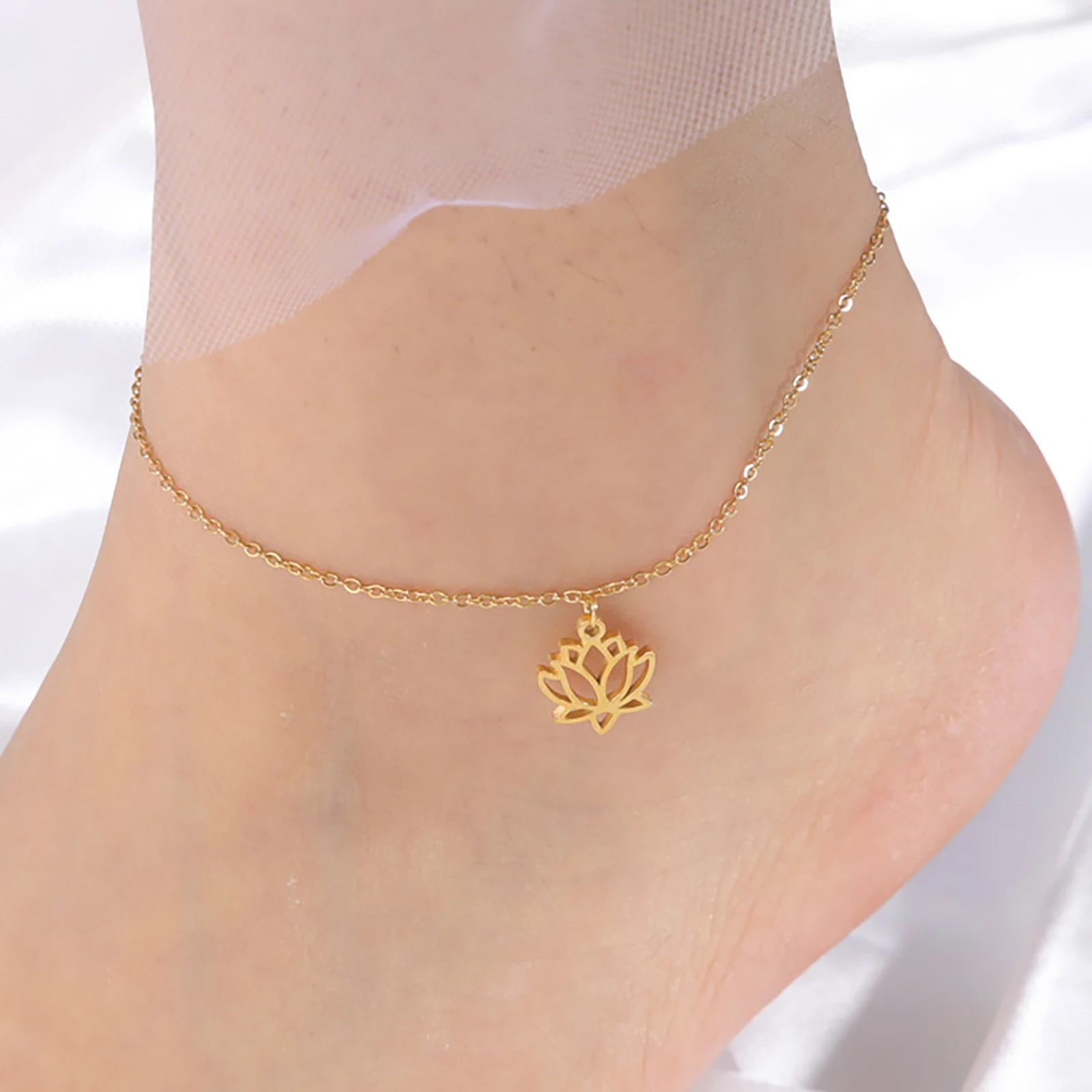 Skyrim Women Lotus Flower Anklet Stainless Steel Bohemian Pendant Leg Foot Ankle Bracelet Beach Accessories Jewelry Wholesale