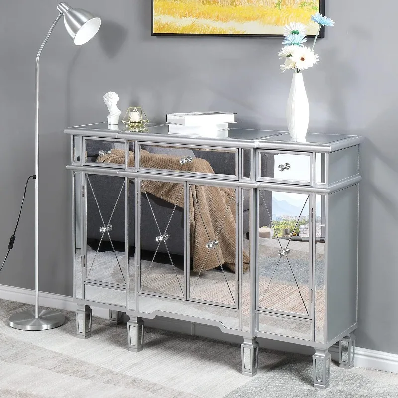 Mesa consola con espejo, mueble buffet moderno/izoma lateral/soporte para TV con 3 cajones y 4 puertas (plateado, 48" de largo x 14" de ancho x 36" de alto)