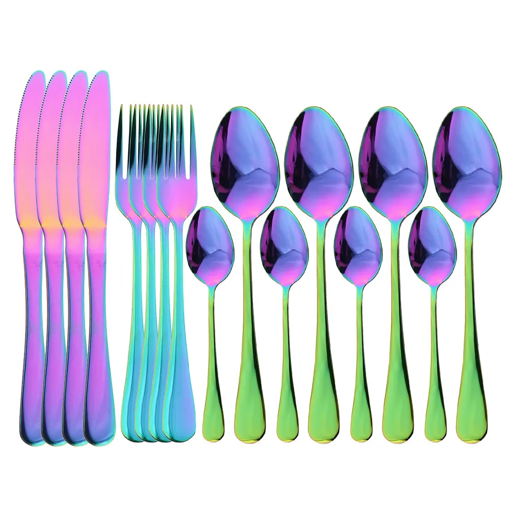 

Rainbow Dinnerware Stainless Steel Tableware Fork Spoon Knife Dinner Set Kitchen Cutlery Set Bright Silverware 4set 16Pcs