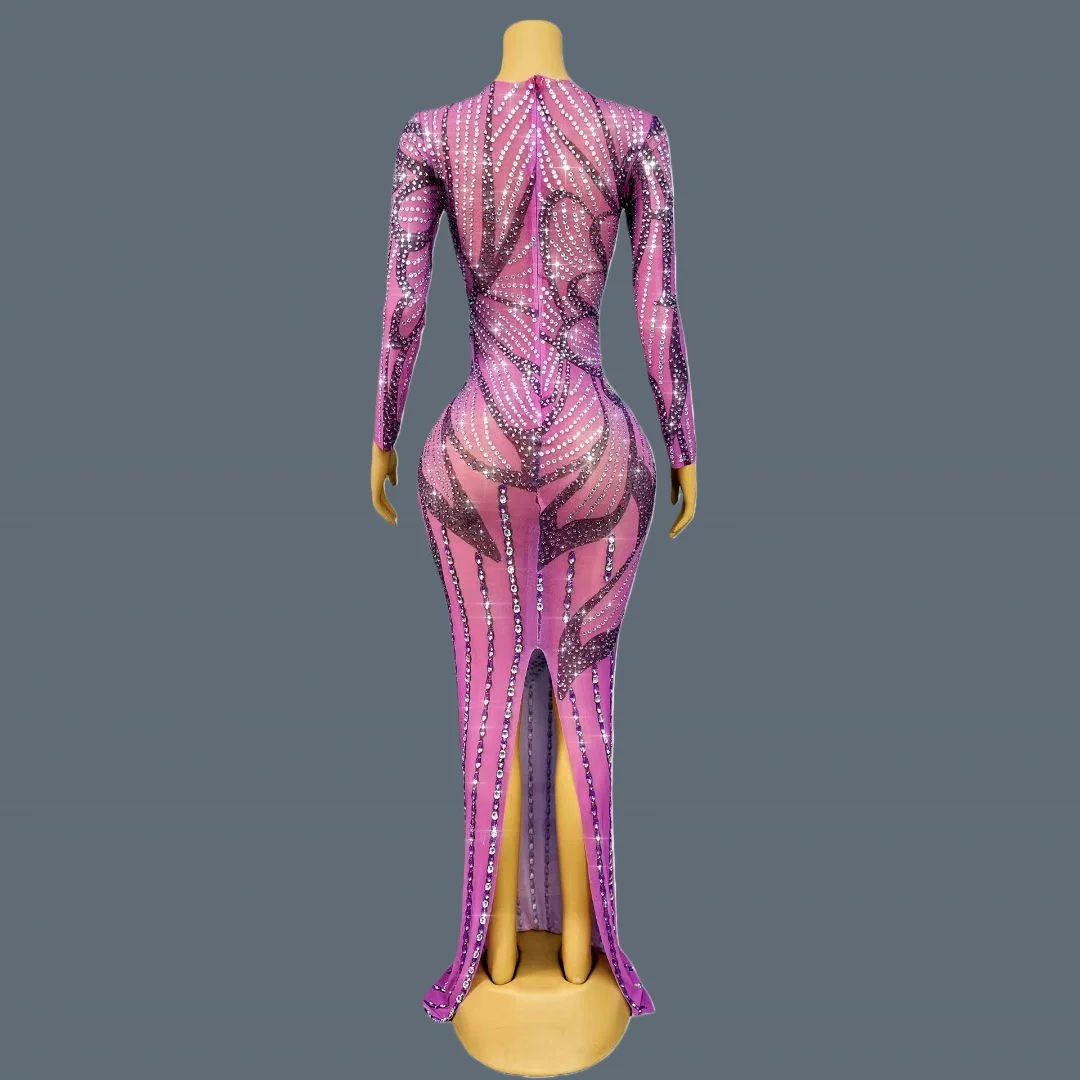 

Pink Lady See Through Mesh Sexy Long Dress Sparkly Rhinestone Elegant Evening Gown Butterfly Pattern Long Sleeves Outfit Ziban