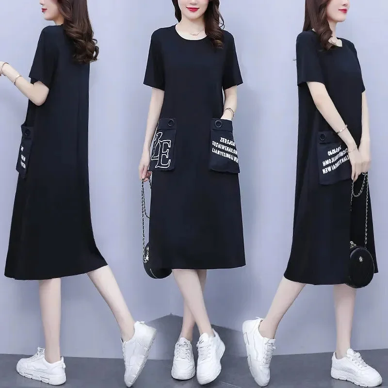 Fat Mother Pocket Loose Medium Long Dress Female 2022 Summer New All-match Belly Cover Slimming Casual T-Shirt Skirt Solid Color