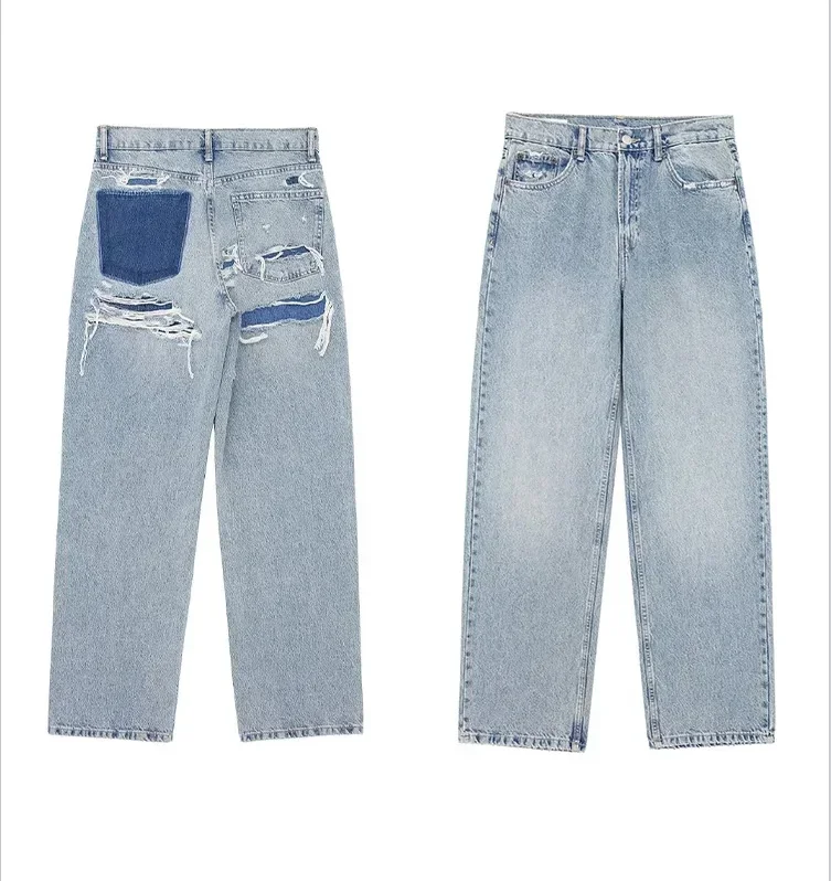 

2024 Fashion Women High Waist Blue Denim Trousers Patchwork Pants DistressedRipped Jeans Long Pants High Street Y2k Style