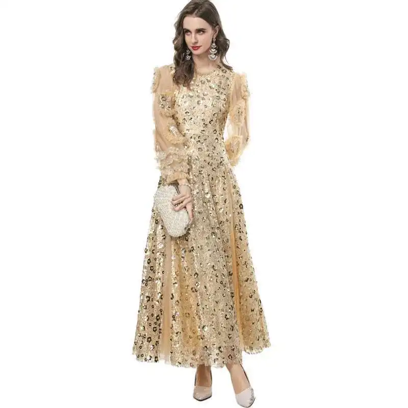 Abiti maxi con paillettes di lusso Donna Estate Autunno Ruffles Manica lunga Maglia pieghettata Tulle Abiti da sera per feste Abito da damigella d'onore